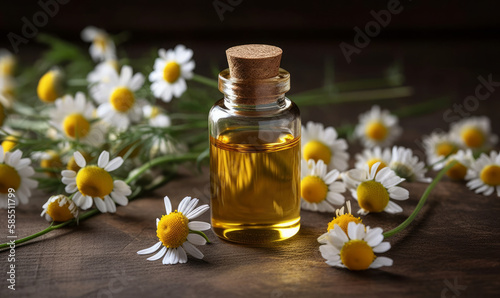 Essential oil in glass bottle with fresh chamomile flowers. Pure and Natural Aromatherapy. Soothing and Healing Properties of Chamomile. Generative AI.
