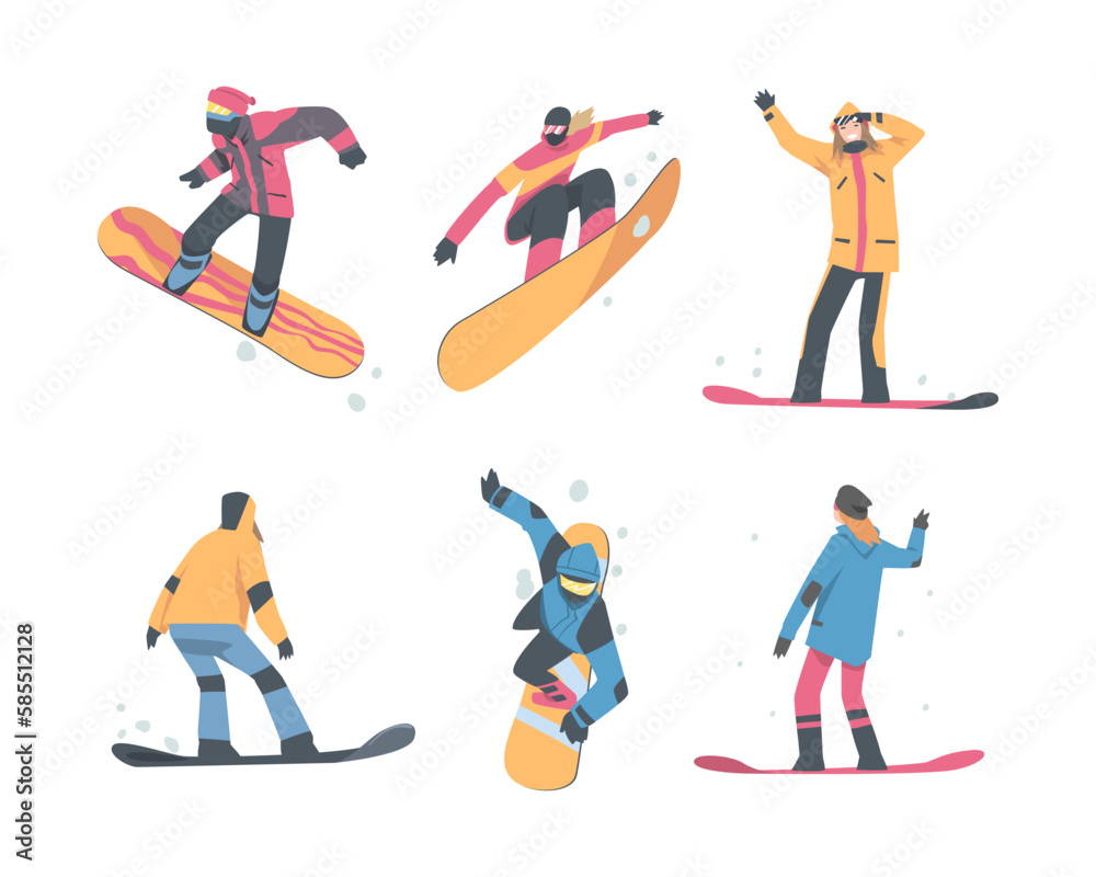 Man and Woman Snowboarding Dressed in Winter Outfit Vector Set
