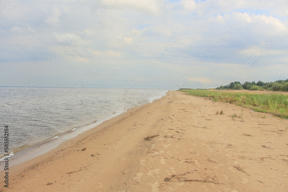 Landscape: Sandy seashore with rolling waves under a cloudy sky