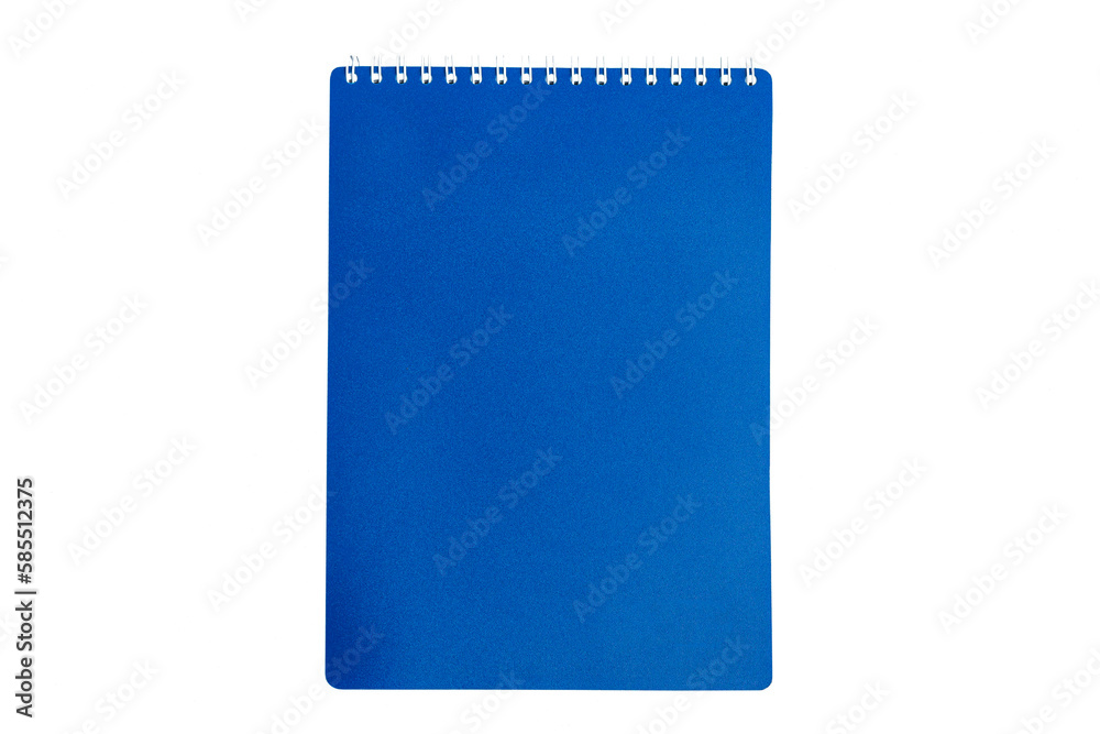 Closed spring notebook with blue cover. Office for business organization. Close-up. Isolated on white background. Closed spring notebook with blue cover. Office for business organization. Close-up. Isolated on white background.