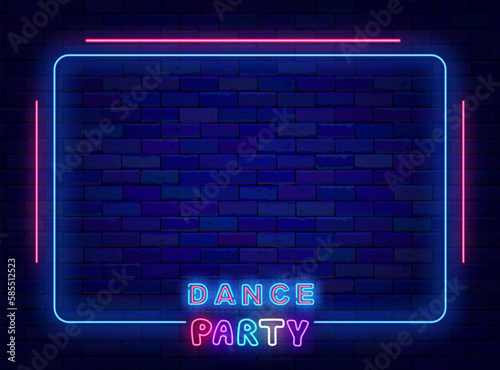 Dance party neon advertising. Disco event. Night club announcement. Blue frame with lines. Vector stock illustration