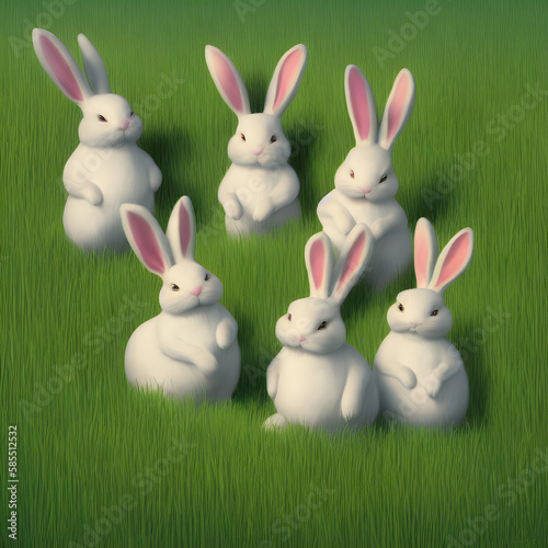 Group of cute white rabbits in green grass