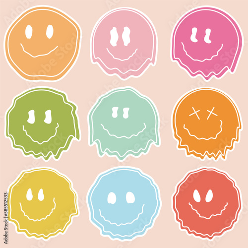 Big set of distorted melting colored smiley emoticons.