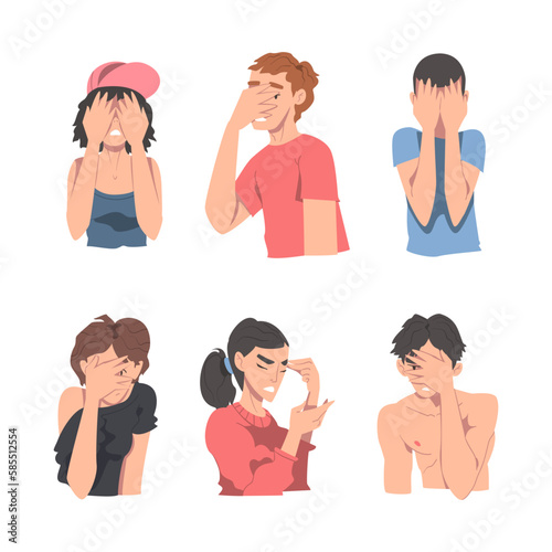 Disappointed Young Man and Woman Trying to Remember Something Feeling Frustration About Forgetting Things Vector Set