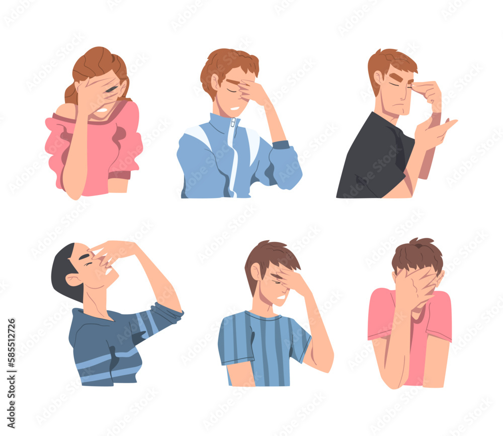 Disappointed Young Man and Woman Trying to Remember Something Feeling Frustration About Forgetting Things Vector Set Disappointed Young Man and Woman Trying to Remember Something Feeling Frustration About Forgetting Things Vector Set