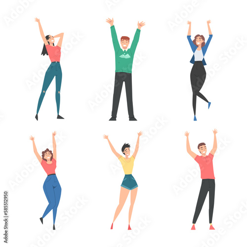Cheerful Man and Woman with Raised Up Hands Cheering About Something Vector Set