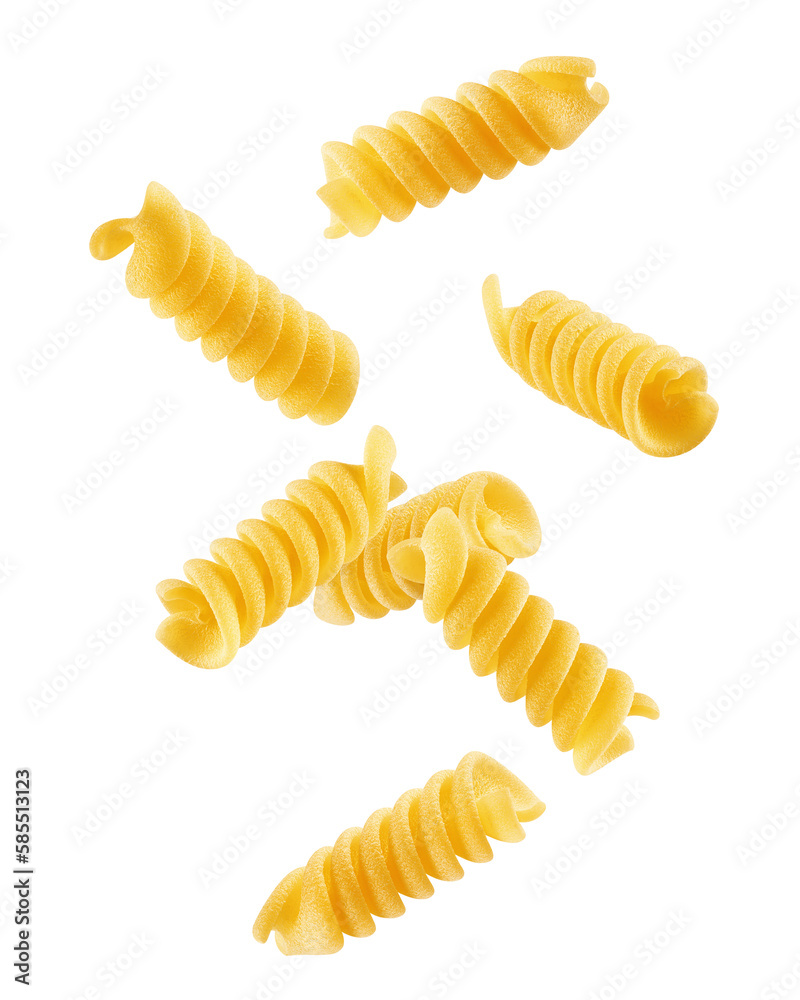 Falling raw Fusilli, Rotini, uncooked Italian Pasta, isolated on white background, full depth of field Falling raw Fusilli, Rotini, uncooked Italian Pasta, isolated on white background, full depth of field