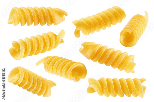 raw Fusilli, Rotini, uncooked Italian Pasta, isolated on white background, full depth of field