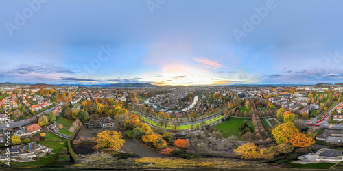Seamless spherical HDRI aerial panorama 360 degrees for VR virtual reality of Bern town historic cityscape  Capital city of Switzerland with colorful twilight romantic sky sunset cityscape in autumn.
