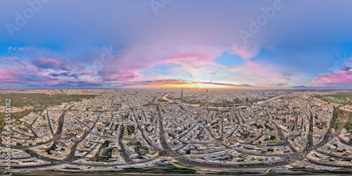 Seamless spherical HDRI aerial panorama 360 degrees for VR virtual reality of Eiffel Tower in France with colorful twilight romantic sky sunrise or sunset of paris city travel landmark in Europe. 