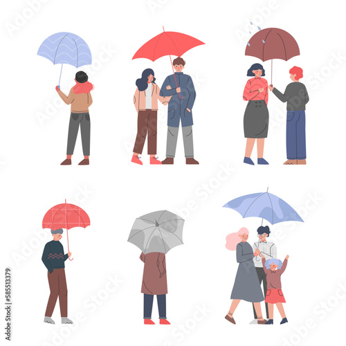 People Characters Holding Umbrella Walking in Rainy Day Vector Set