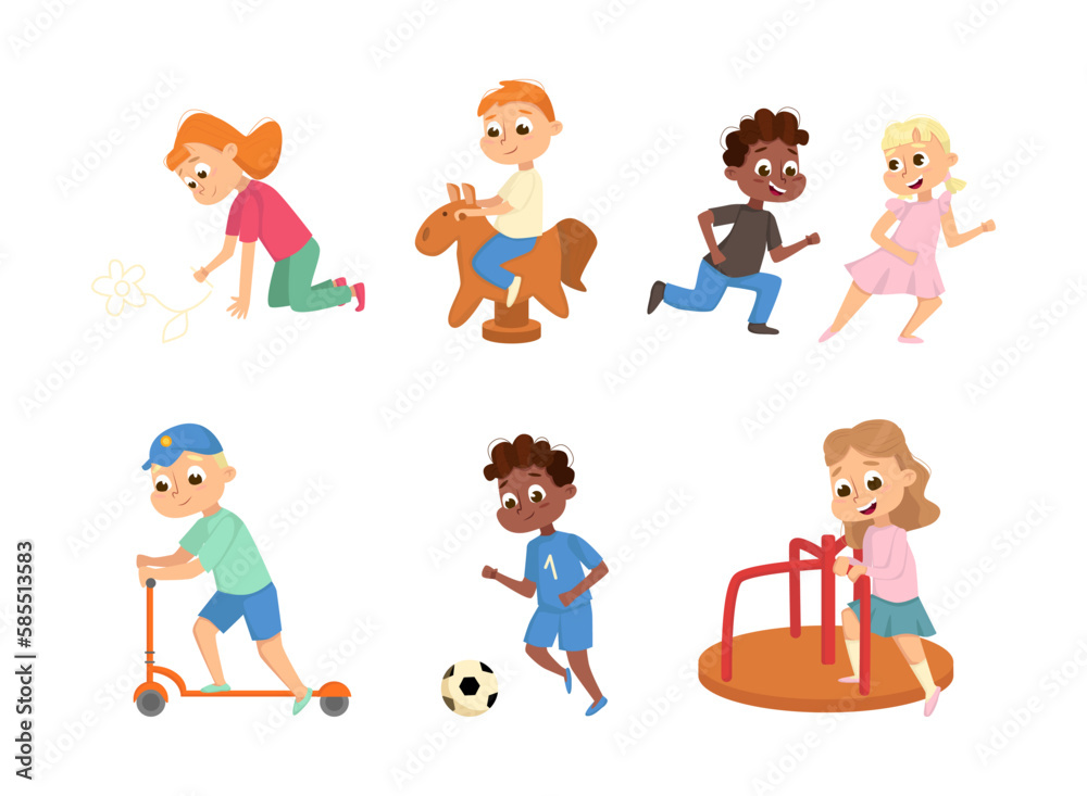 Active Kids Playing at Playground Having Fun Vector Set Active Kids Playing at Playground Having Fun Vector Set