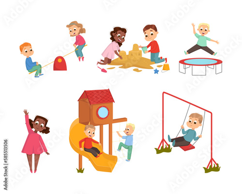 Active Kids Playing at Playground Having Fun Vector Set