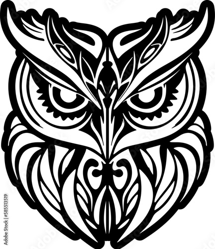 ﻿Owl tattoo in black and white with Polynesian designs.