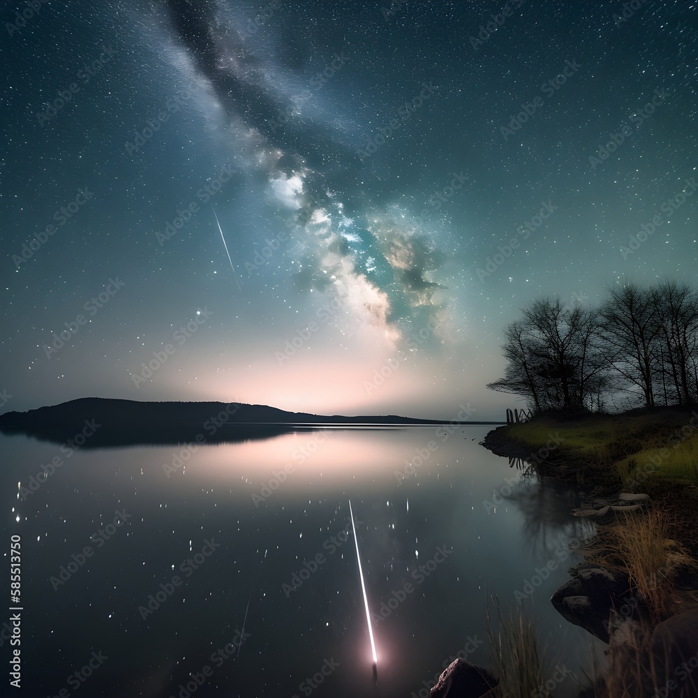 shooting star on glassy lake with milky way displayed brightly