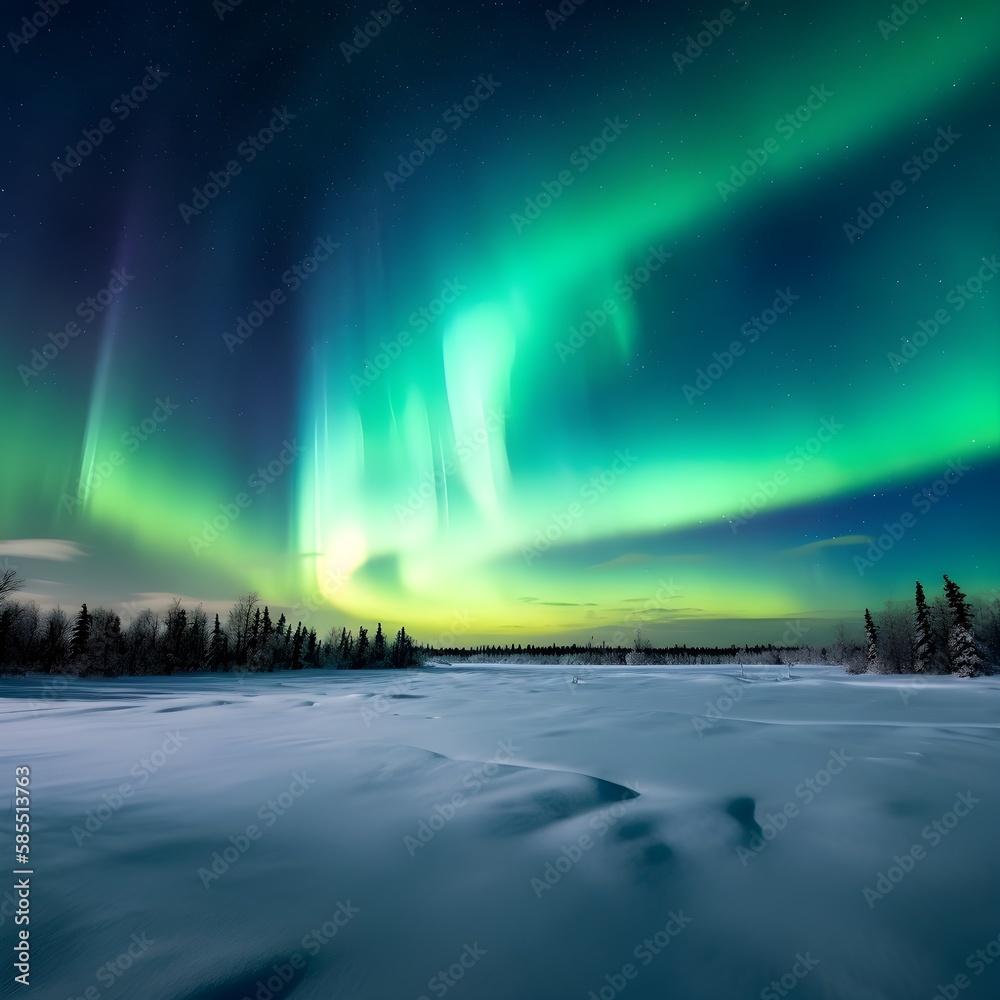 snowy landscape under the northern lights