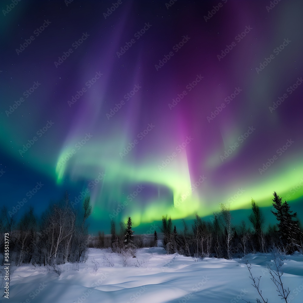 northern lights in the night sky purple and green