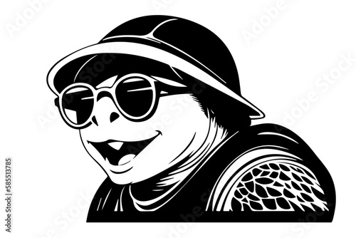 Turtle in a hat and sunglasses. Vector illustration. black and white