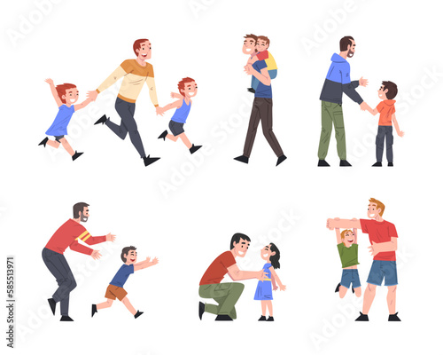 Father and Kid as Man Happy Dad Playing with Son and Daughter Vector Set