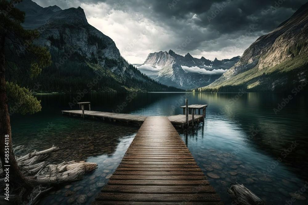 a dock on a lake with mountains in the background, beautiful landscape, generative ai illustration 