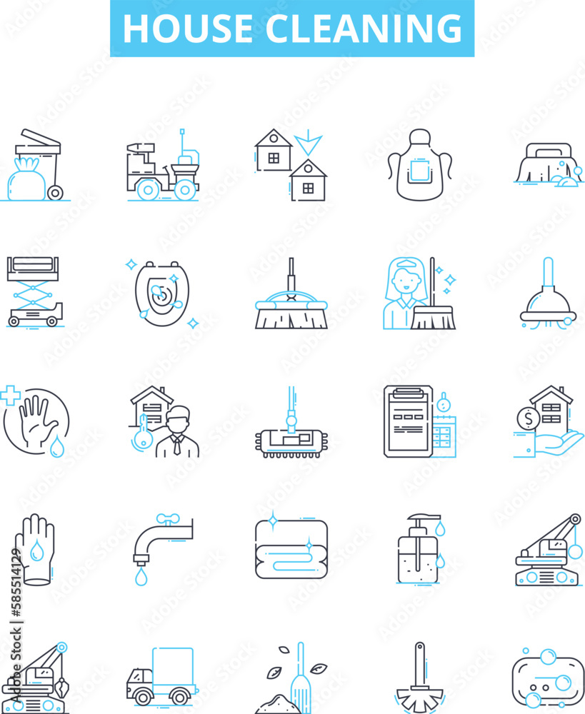 House cleaning vector line icons set. Mop, Vacuum, Dust, Wipe, Sweep, Scrub, Disinfect illustration outline concept symbols and signs