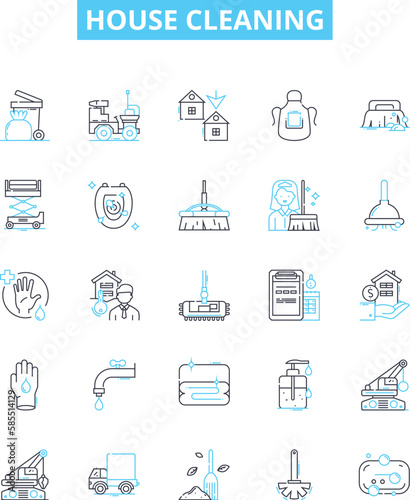 House cleaning vector line icons set. Mop, Vacuum, Dust, Wipe, Sweep, Scrub, Disinfect illustration outline concept symbols and signs