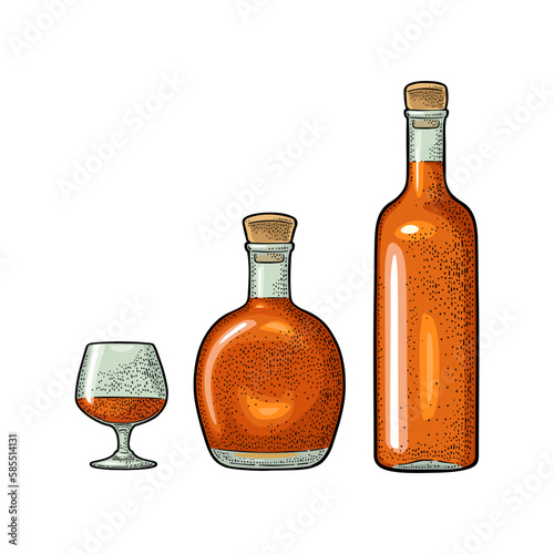 Glass and bottle of cognac. Vintage engraving illustration