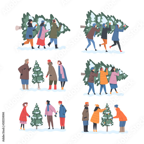 People Character with Fir Tree Preparing for New Year Holiday Carrying It Vector Set