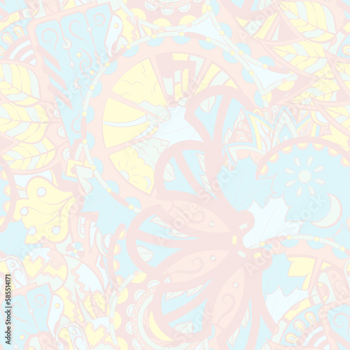 Tracery seamless pattern. Mehndi design. Pastel. 6 colors. Ethnic doodle texture. Curved doodling background. Vector