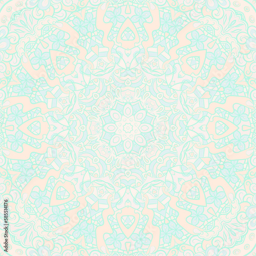 Seamless tile texture. Tracery mehndi design image. Pastel. Ethnic doodle art. Curved doodling picture. Vector