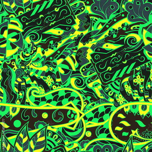 Tracery seamless pattern. Mehndi design. Dark sharp colors. 6 colors. Ethnic doodle texture. Curved doodling background. Vector