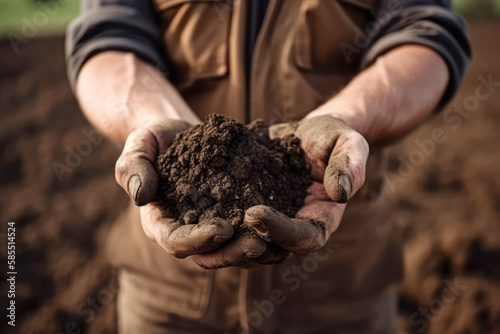 Landwirt auf dem Feld hält Ackerboden in seinen Händen - Generative AI photo