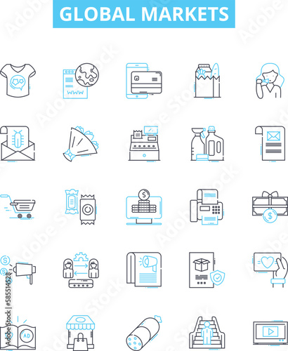 Global markets vector line icons set. Markets, Global, Trade, Exchange, Stock, Currency, Commodity illustration outline concept symbols and signs