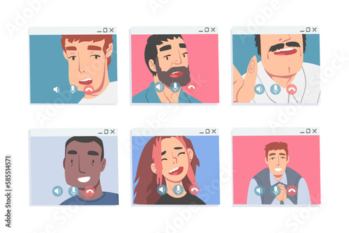 Video Conference Screen with Man and Woman Calling Friend and Communicating Via Internet App Vector Set