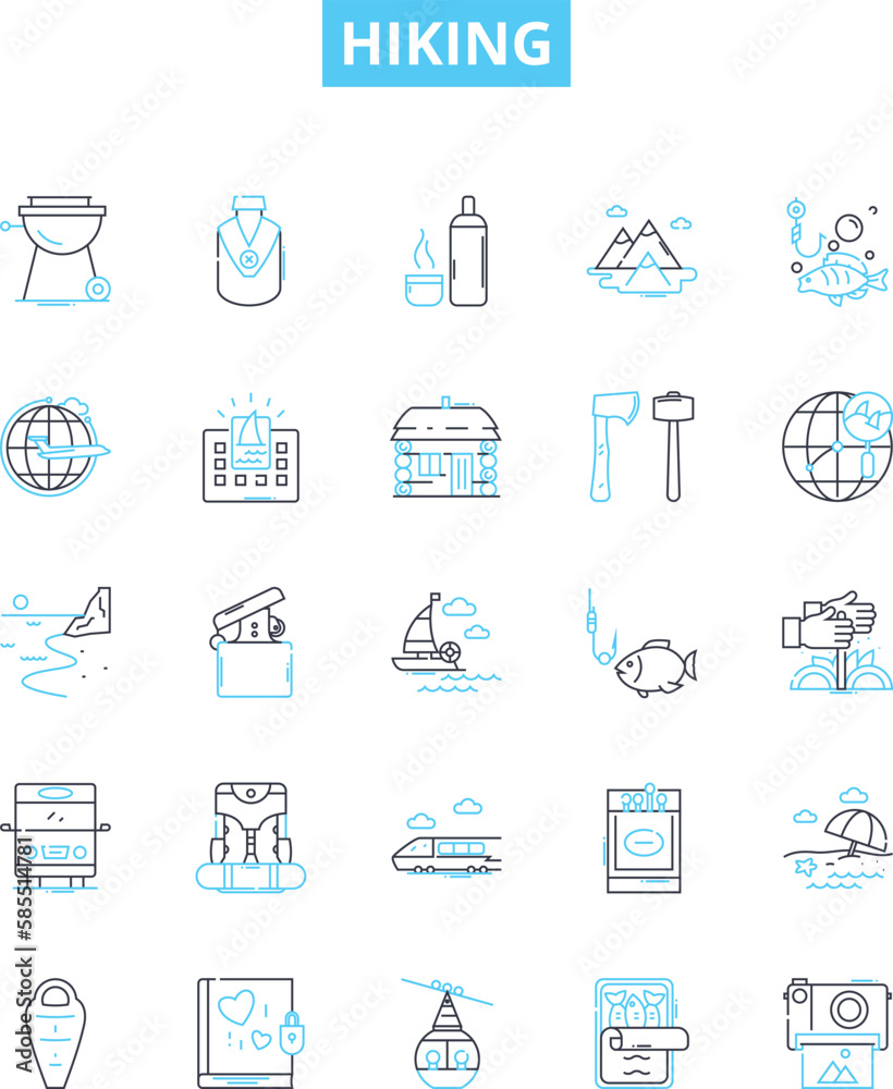 Hiking vector line icons set. Hiking, Trail, Walking, Trekking, Path, Natural, Climb illustration outline concept symbols and signs Hiking vector line icons set. Hiking, Trail, Walking, Trekking, Path, Natural, Climb illustration outline concept symbols and signs