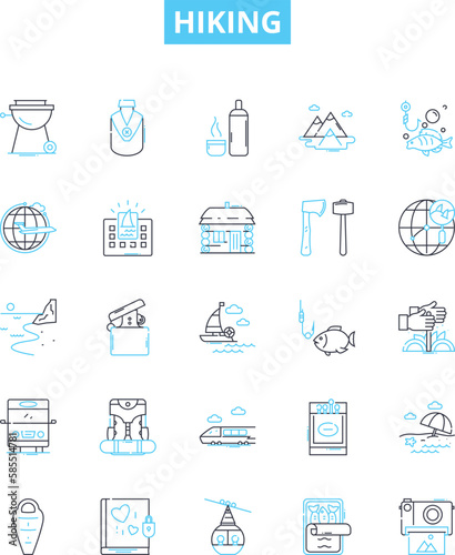 Hiking vector line icons set. Hiking, Trail, Walking, Trekking, Path, Natural, Climb illustration outline concept symbols and signs
