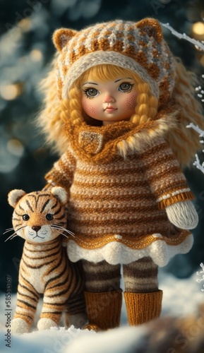 A beautiful soft toy tiger in a dress, a tiger cub doll for children, a decorative gift. Character in children's books and stories. Created with AI. © Ренат Хисматулин