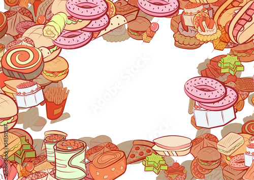 Background pattern abstract design texture. Snacks and American food. Border frame, transparent background. Theme is about sausage, cheese, sweet, jelly, mini cake, wrapped up, cake, star