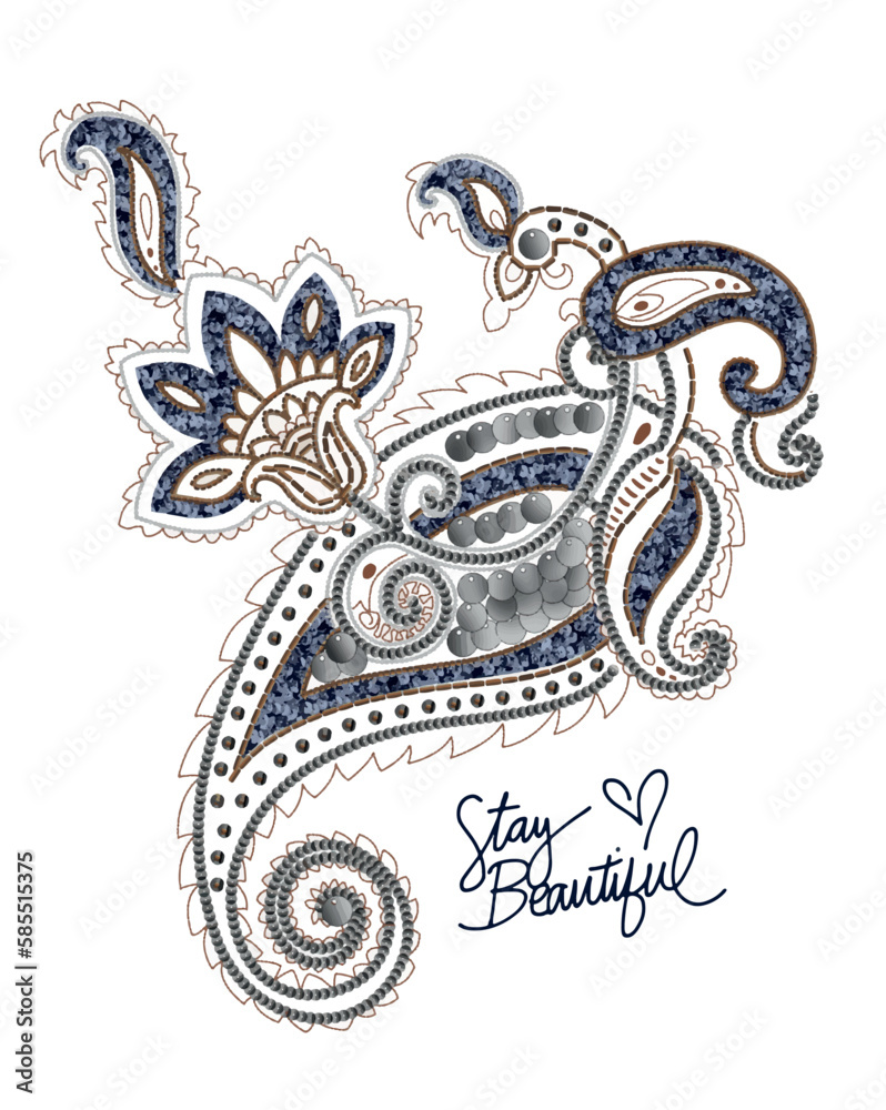 Fototapeta premium Fashion Graphics, Paisley Design, Print Design for Women's T-Shirts, Paisley Print Pattern, Print placement for Women's T-shirt. You can use silver leaf, rhinestone, sequins in your design