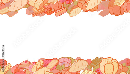 Background pattern abstract design texture. Bakery products. Horizontal seamless stripes. Border frame, transparent background. Theme is about pie, braid, molded, pancakes, mini buns, round