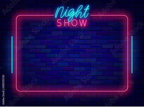 Night show neon advertising. Music party invitation. Pink frame with stripes on brick wall. Vector stock illustration