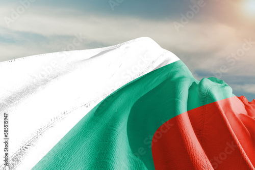 Bulgaria national flag cloth fabric waving on beautiful grey background.
