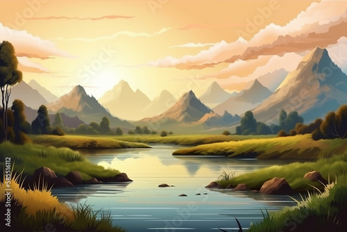 Landscape with lake and mountains. Simple flat cartoon illustration created with generative ai teachnology