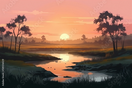 Sunset over the pond. Simple flat cartoon illustration created with generative ai teachnology