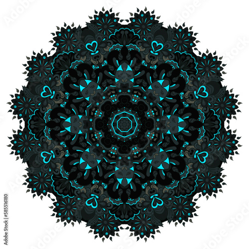 Mandala. Tracery wheel image. Mehndi design. Dark toxic colors. Ethnic doodle art. Curved doodling picture. Vector