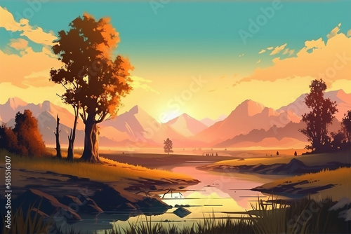 Sunrise in the mountains. Simple flat cartoon illustration created with generative ai teachnology