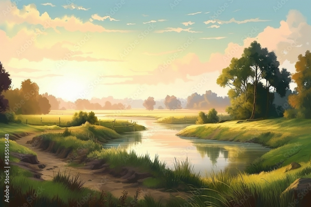 Obraz premium Beautiful countryside landscape. Simple flat cartoon illustration created with generative ai technology