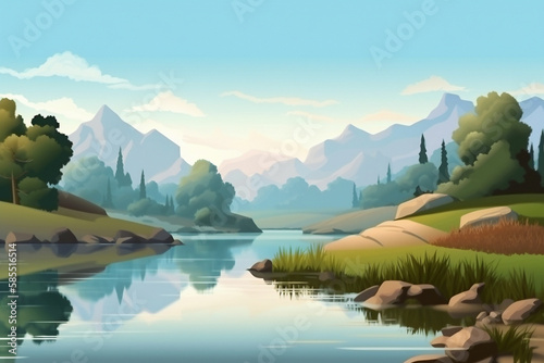 Beautiful landscape with a river in the mountains. Simple flat cartoon illustration created with generative ai teachnology