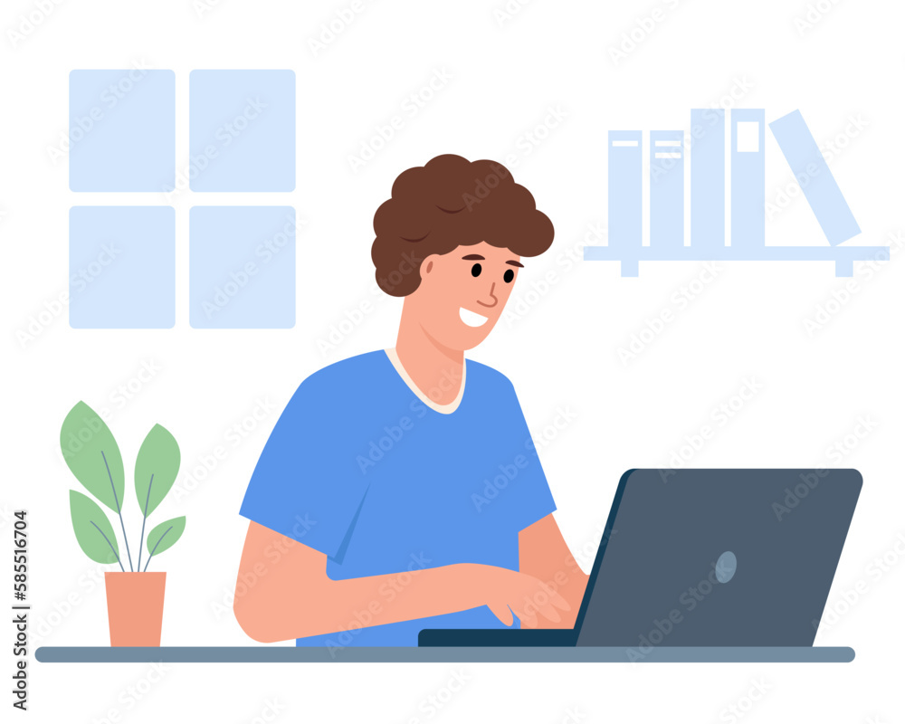 Young man using laptop to work or study. Freelancer or student with computer. Online education, communication, chatting in social media and working. Vector illustration.