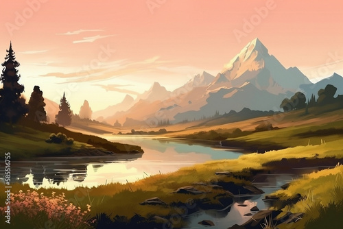 Beautiful forest river and mountains. Simple flat cartoon illustration created with generative ai technology